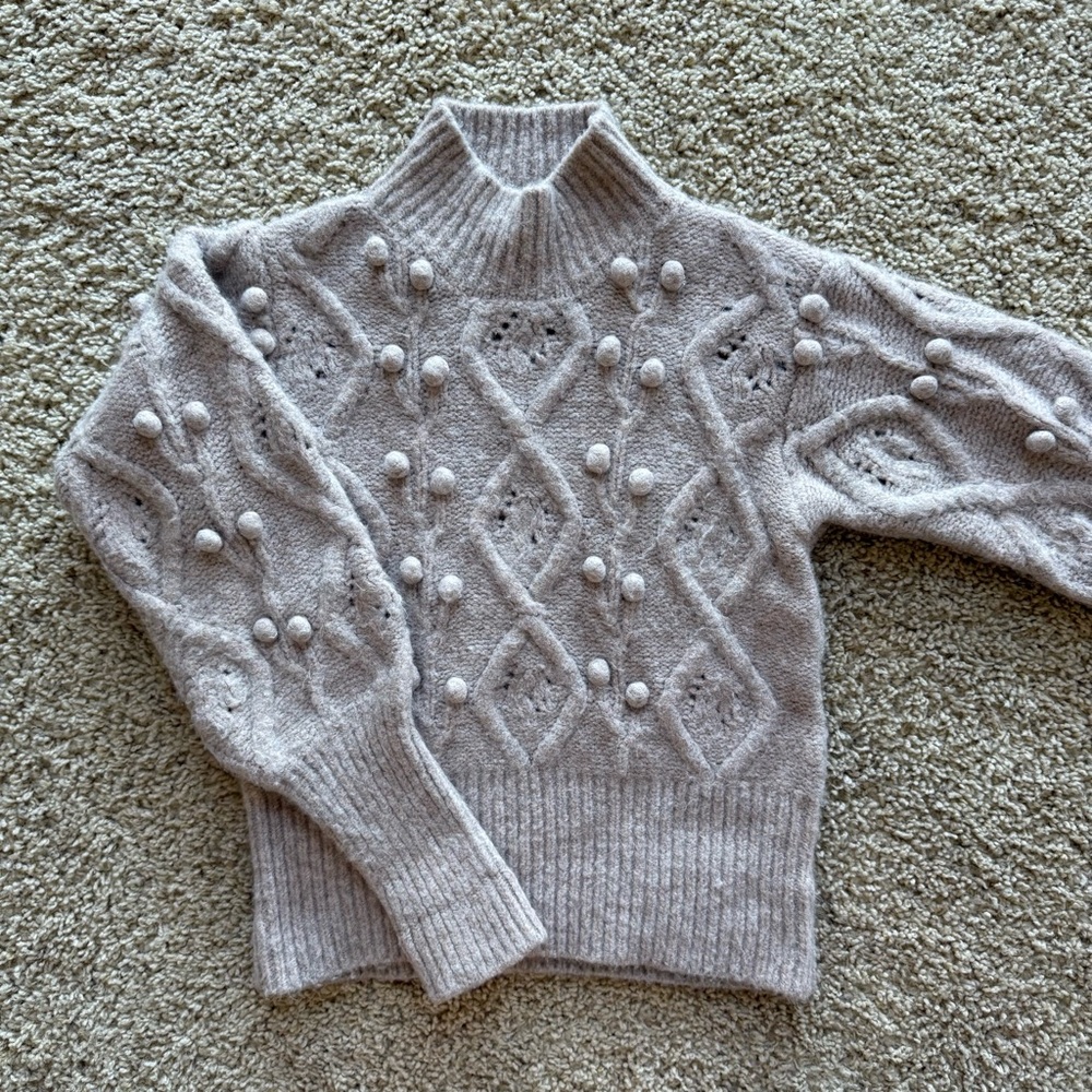 Blank NYC Pom Pom Textured Light Tan Cable Knit Mock Neck Pullover Sweater Small